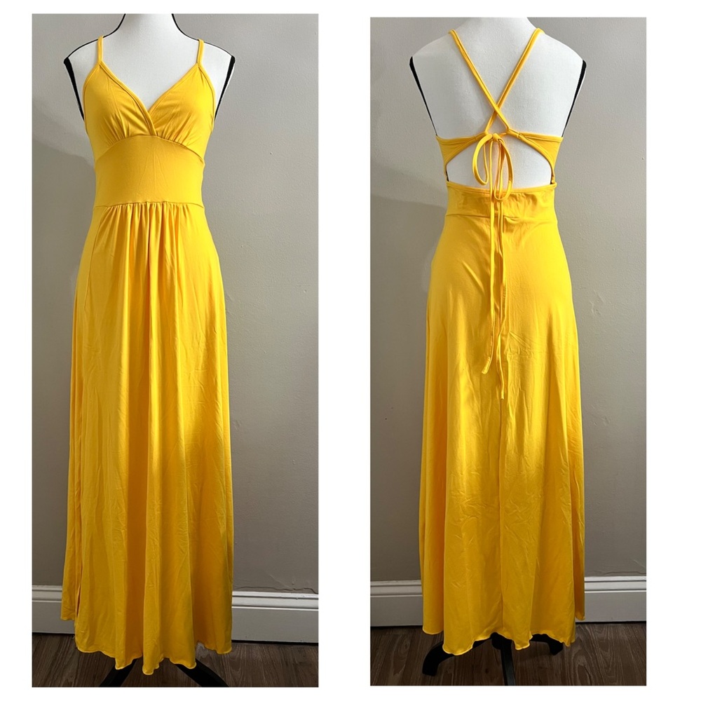Yellow V Neck Side Slit Maxi Dress - NWOT - Picture 3 of 9